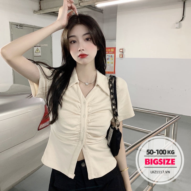 Áo thun polo Bigsize Áo kiểu nữ dáng ôm tay ngắn cổ bẻ thiết kế khoá kéo xếp ly mùa hè Phong cách Hàn Quốc Thời Trang tiểu thư cá tính xinh đẹp cho người mập béo