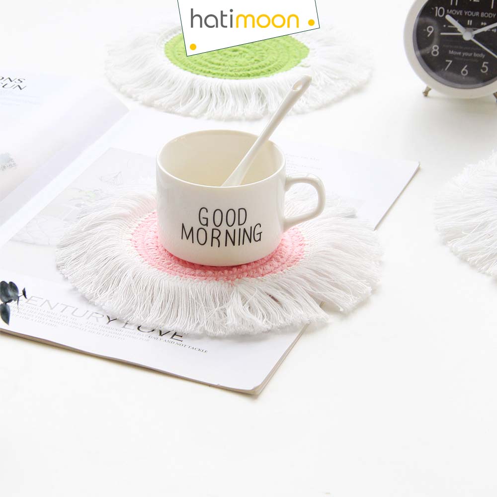Tấm lót decor, đế lót, miếng lót ly cốc tròn sợi vải tua rua 2 màu 12 cm - Hatimoon- HTL220