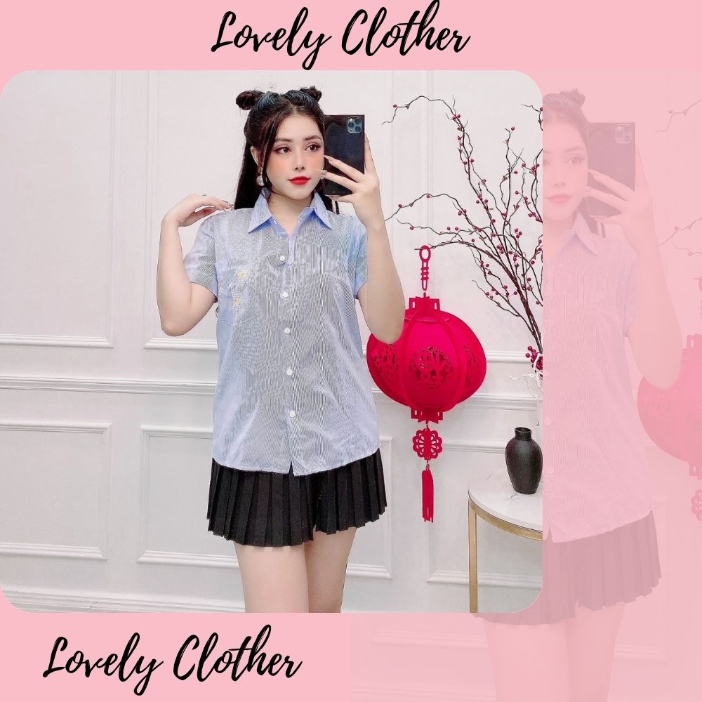 [HCM] Áo sơ mi nữ, áo nữ thêu hoa cúc nhí sọc xanh tay ngắn đủ size S M L [SKUA-11]