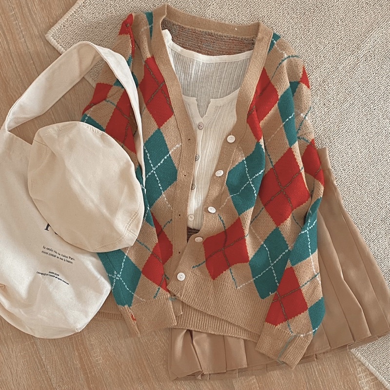 Áo Khoác Cardigan Len Nữ , Áo Len Ô Trám Vintage Phong Cách Ulzzang Hàn Quốc | BigBuy360 - bigbuy360.vn