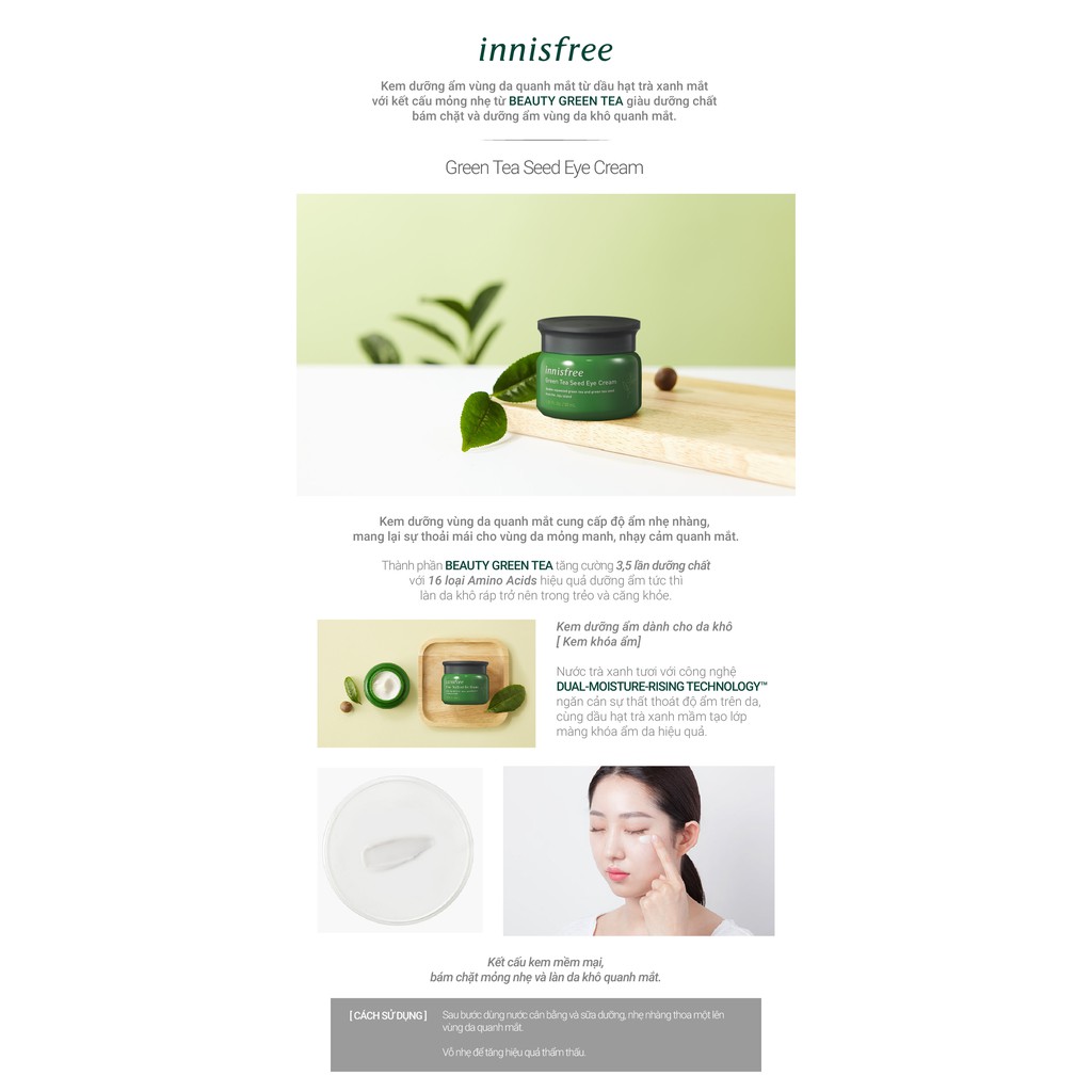 Kem Dưỡng Mắt Làm Mịn Da Từ Trà Xanh Innisfree Green Tea Seed Eye Cream 30ml [New 2019]