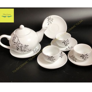 Bộ ấm chén cao cấp dáng bầu hoạ tiết cành lá dây