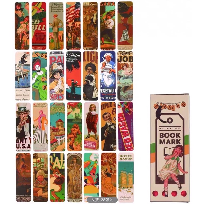 Set 28 thẻ đánh dấu trang sách bookmark hình dải ngân hà/chim/trái cây/poster retro phong cách cổ điển