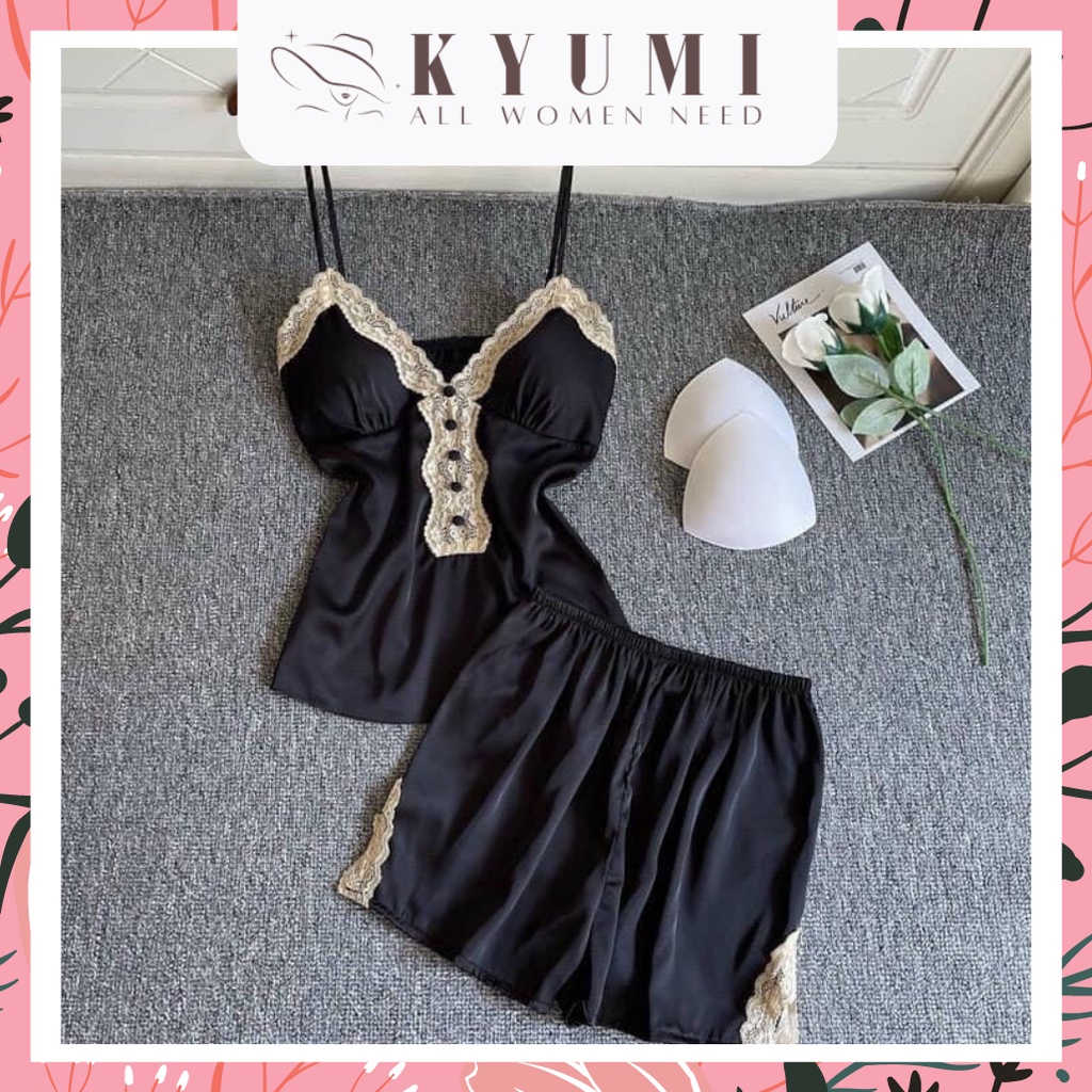 Đồ ngủ sexy đồ ngủ 2 dây phối ren đính nút có mút ngực KYUMI OFFICAL, vải lụa satin, freesize 40-60kg tùy chiều cao 010 | BigBuy360 - bigbuy360.vn