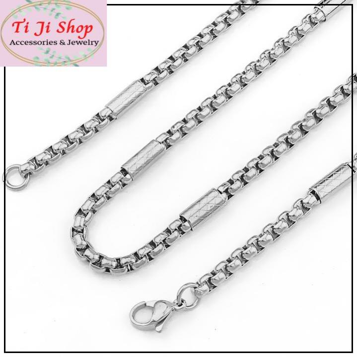 Dây chuyền inox kiểu bông dừa 4 ly bọc khoanh cách điệu chạm sọc xéo đang vuông siêu đẹp, không đen, không gỉ