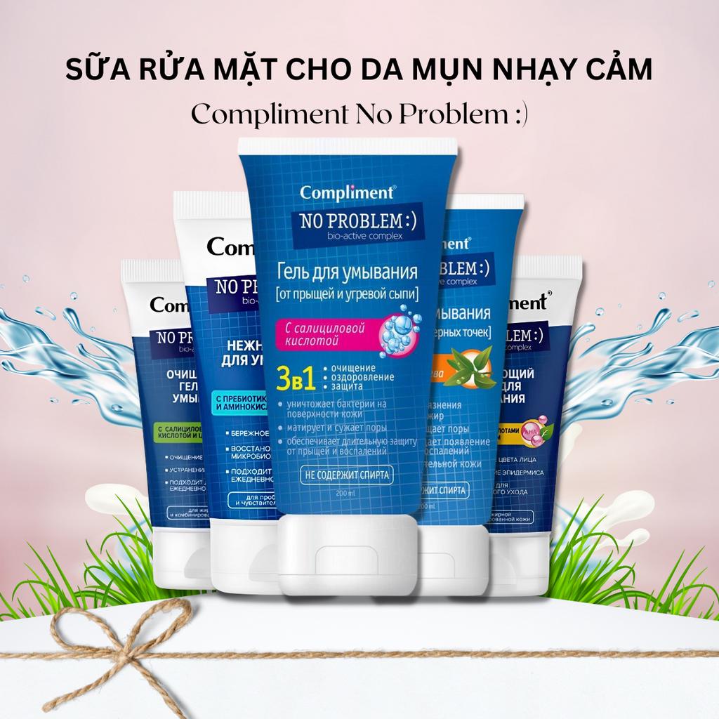 Sữa Rửa Mặt Compliment No Problem AHA BHA PHA Gel SRM Da Dầu Mụn Trắng Sáng Làm Sạch Dưỡng Ẩm Da Khô Giảm Mờ Thâm 200ml