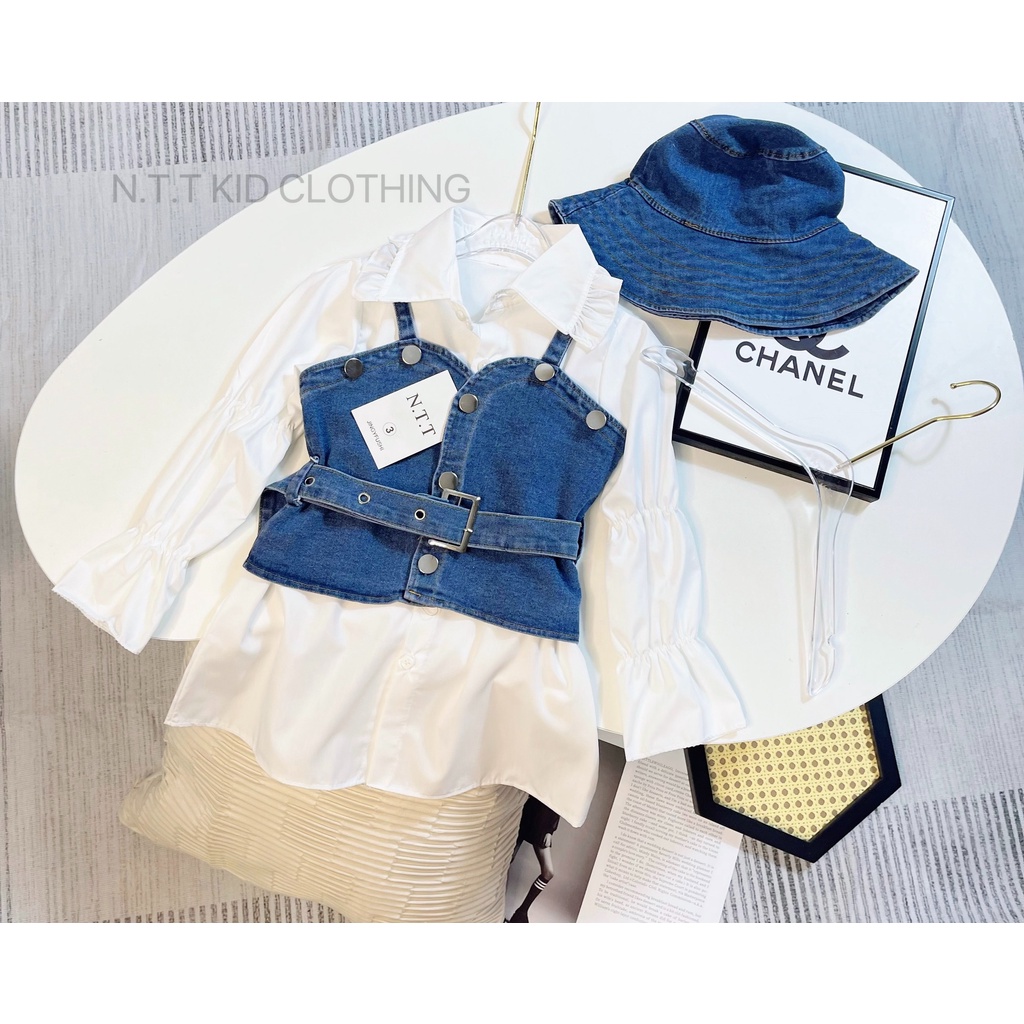 Váy cho bé gái, set 4ct: váy sơ mi, yếm jean, đai và mũ vành siêu chảnh cho bé size 10-32kg
