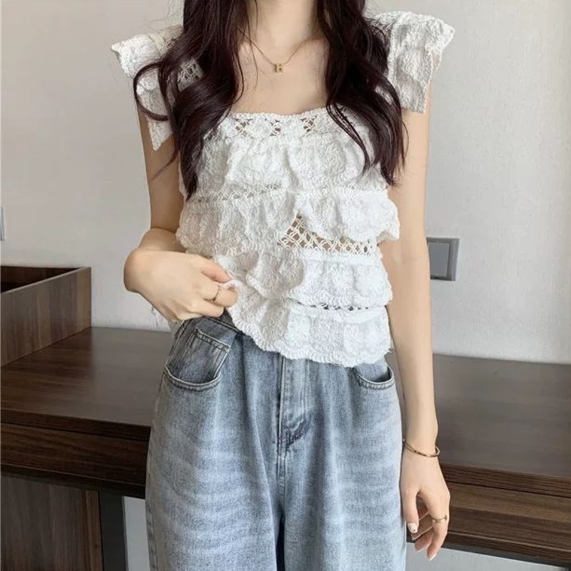 Áo Ren Cổ Vuông Hở Xương Quai Xanh Ôm Sát Quyến Rũ Thời Trang Hè Phong Cách Mới Cho Nữ