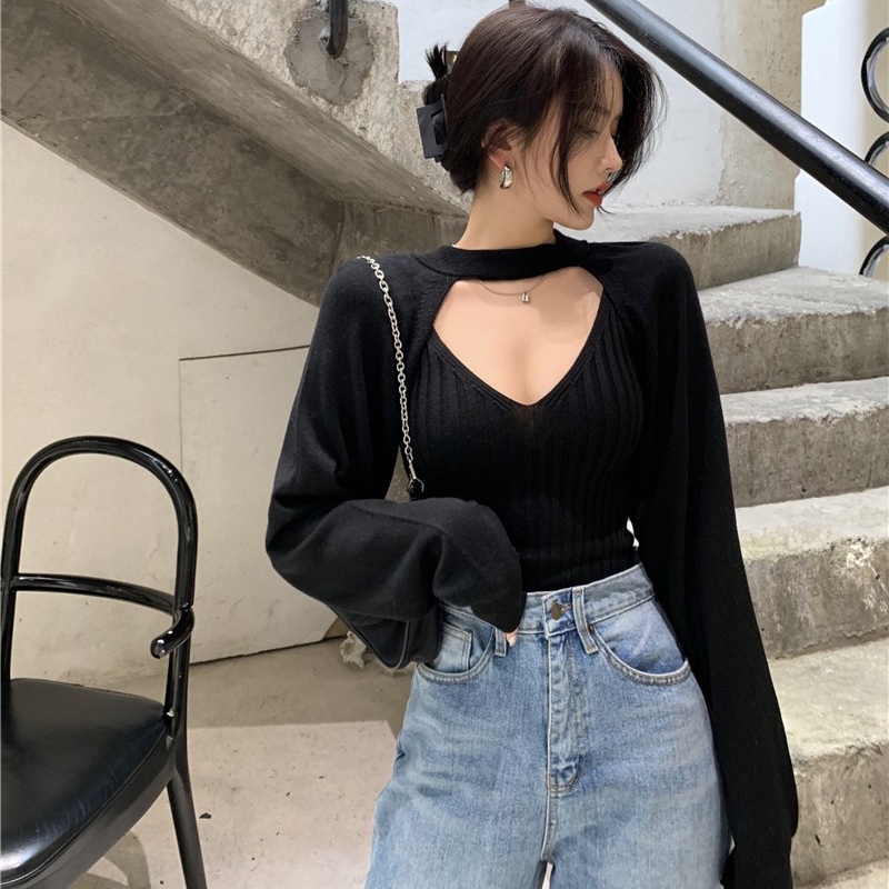 QKOOLE  Áo Dệt Kim Tay Dài Cổ Tròn Màu Sắc Đơn Giản Phong Cách Hàn Quốc Cho Nữ（only coat）