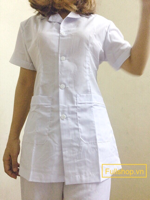 Áo blouse trắng dáng ngắn, cộc tay trắng trơn cho y tá, điều dưỡng, dược sỹ nam nữ