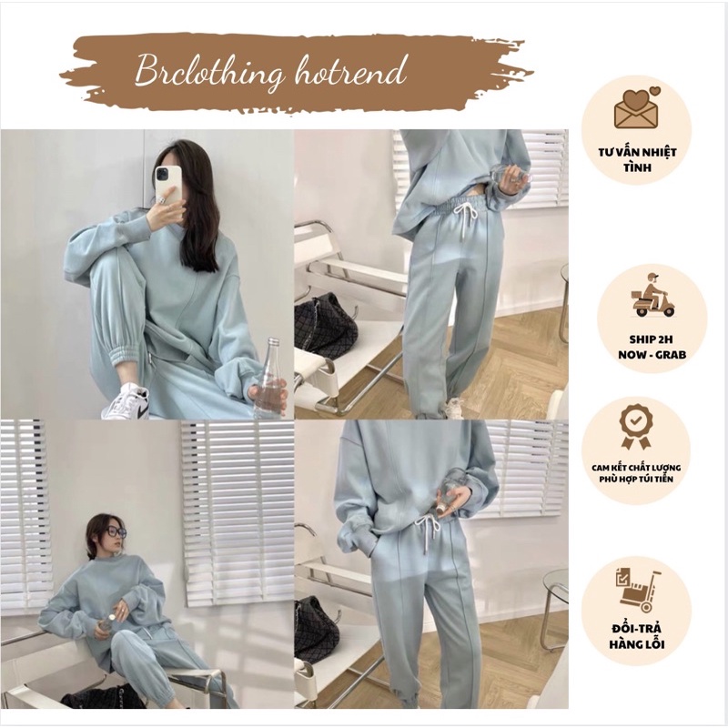 Set Nỉ Trơn Vạt Lệch Nữ [FREESHIP]  Bộ đồ sweater form rộng, quần ống boom kèm áo raplan màu Xanh Ulzzang