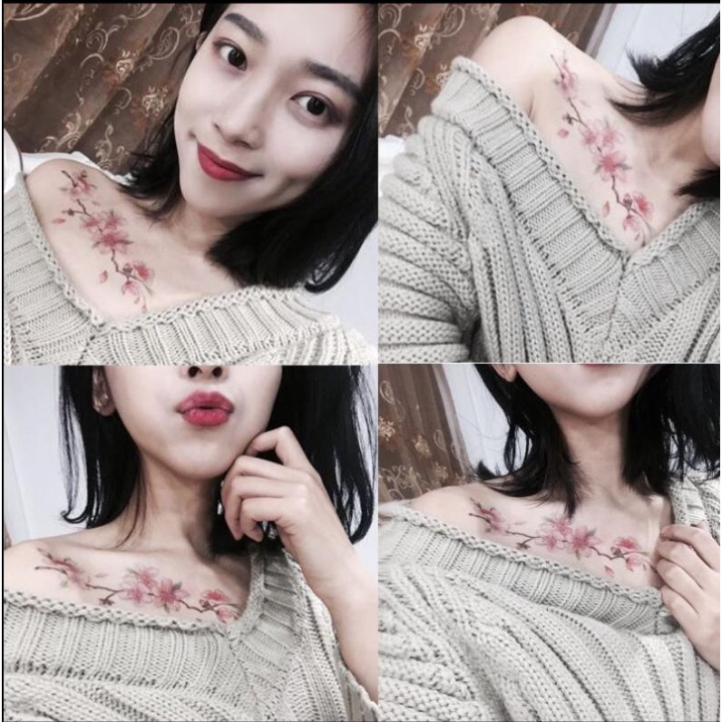 Hình xăm dán tatoo cành đào, hoa đào sakura size vừa T007