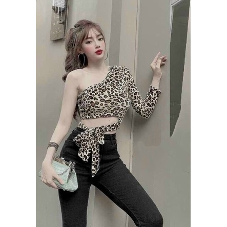 Áo croptop tay dài lệch vai ACOD 14, da beo sexy cá tính, cột dây hông eo tôn dáng, áo kiểu nữ độc lạ dài tay ôm body