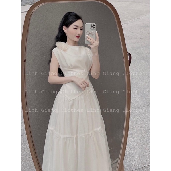 váy tơ 2 lớp tay liền gắn hoa màu be và cốm dáng xòe