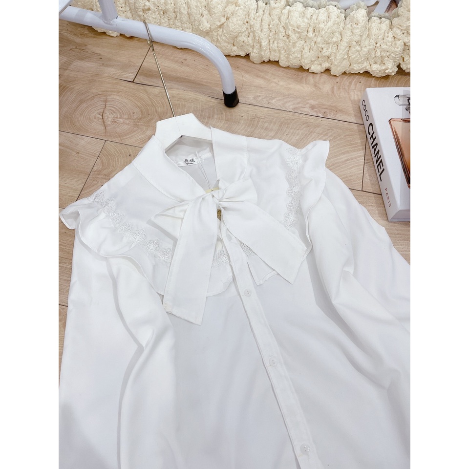 Áo sơ mi bánh bèo cổ tàu thắt nơ xinh xắn sơ mi nữ dài tay xuân hè LT014