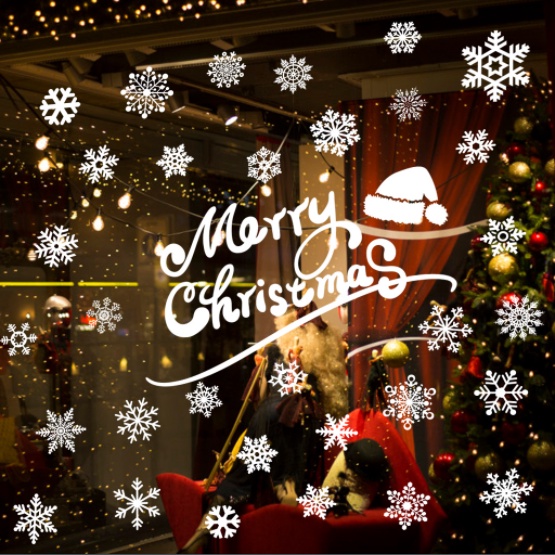 Decal trang trí Noel Hít Tĩnh Điện - Chữ MerryChristmas kèm hoa tuyết trắng