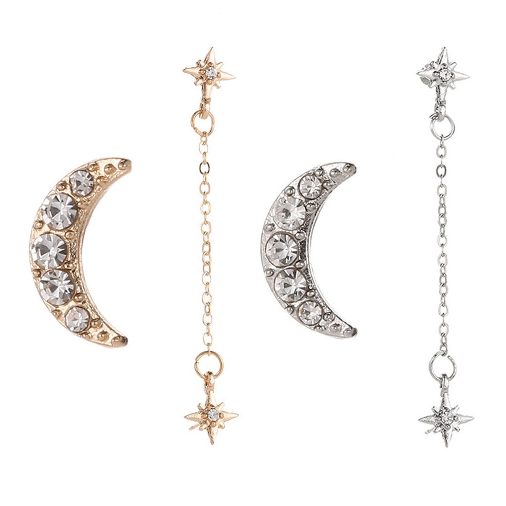 Set 2 Khuyên Tai 3 Lỗ Hình Mặt trăng Ngôi Sao Thời Trang Cá Tính Cho Nữ