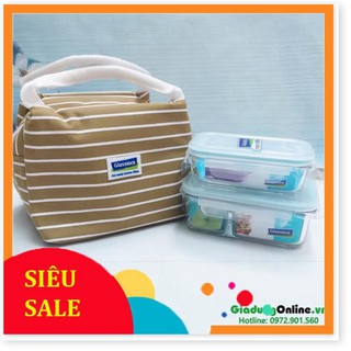 Bộ hộp cơm Glasslock 670ml (chia ngăn) + 400ml kèm túi giữ nhiệt kẻ da bò
