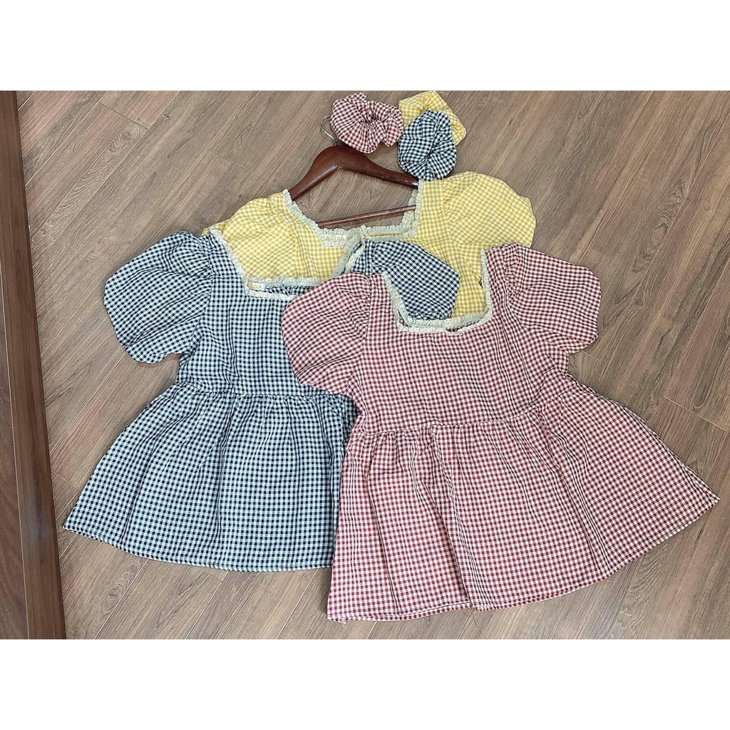 Set Áo babydoll kèm dây buộc tóc -Áo cổ vuông họa tiết kẻ caro siêu xinh