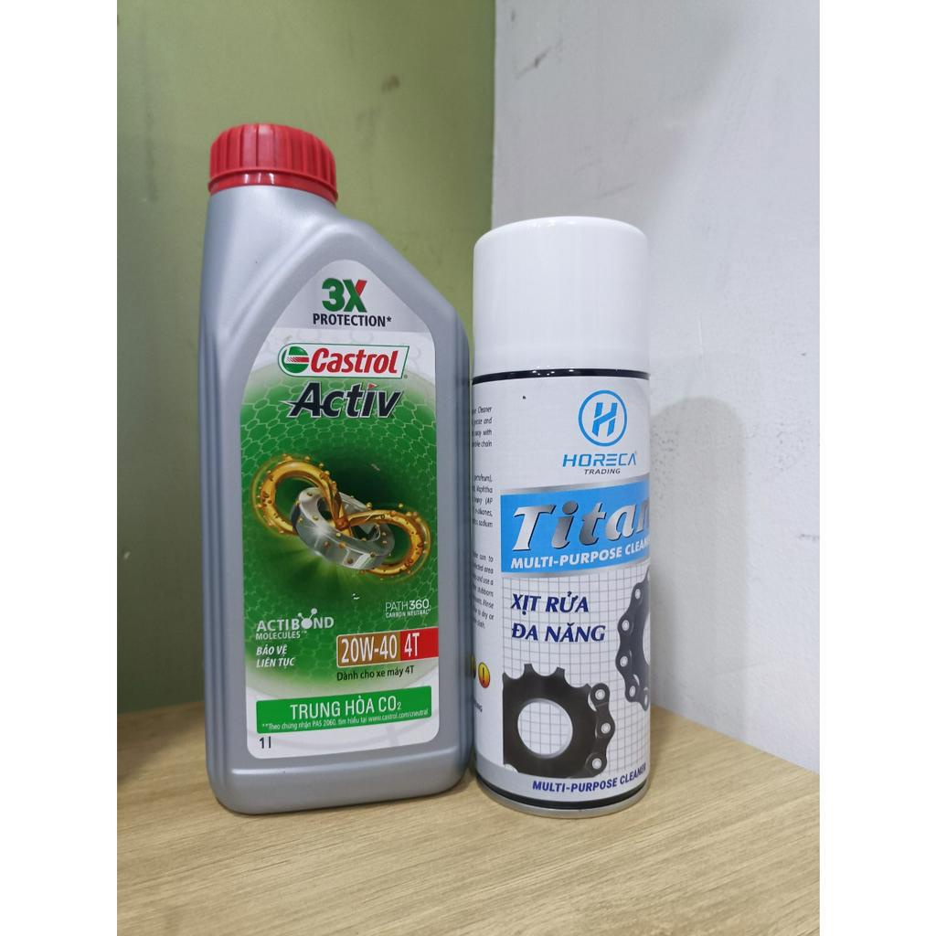 Combo KM Bình 1L Dầu nhớt cho xe số Castrol  Activ 20W40 1000ml+ KÈM Chai xịt vệ sinh sên Titan Cleaner 400ml