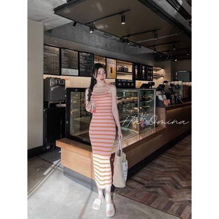 Đầm body hở lưng sọc hồng kem