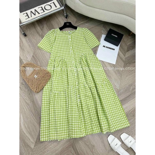 Váy Bầu kẻ khuy dáng xuông,tay bèo ,thiết kế điệu đà,phù hợp mặc đi biển ,đi du lịch ,freesize 42-68kg VB56