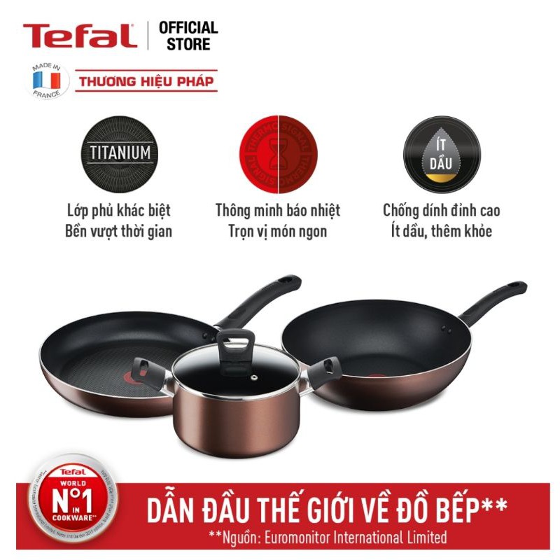 Combo 3 Day By Day chống dính đáy từ Tefal - Chảo chiên 24cm G1430405 & Chảo xào 26cm G1437705 & Nồi 20cm G1434406