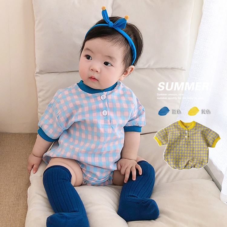 Áo Liền Quần Tay Ngắn Chất Liệu Cotton Họa Tiết Sọc Caro Cho Bé Trai 0-18 Tháng Tuổi