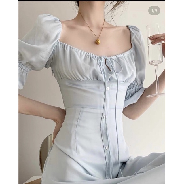 ĐẦM MIDI CỔ VUÔNG XẾP LY NGỰC TAY KHUC BO