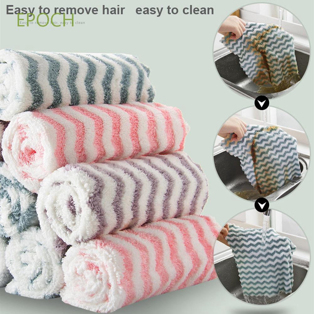 Khăn vải nhung san hô lau đĩa và bàn bếp họa tiết kẻ sọc