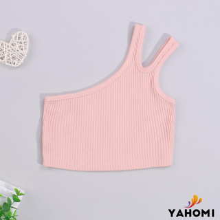 Áo croptop không tay lệch vai cắt xẻ màu trơn dáng ôm thời trang mùa hè dành cho bé gái 2-7 tuổi