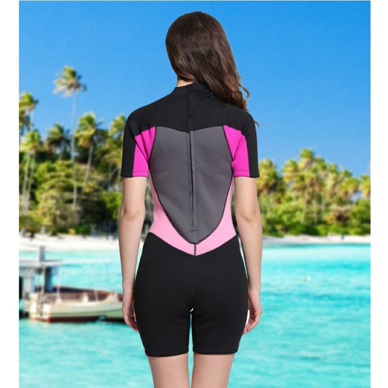 Bộ bơi giữ nhiệt dày 2mm ngắn tay cho nữ 38-70kg mẫu đen phối hồng đẹp, wetsuit cho nữ