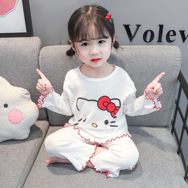 Bộ Đồ Ngủ Tay Dài Chất Cotton Mỏng Nhẹ Thời Trang Xuân Thu Xinh Xắn Cho Bé Gái