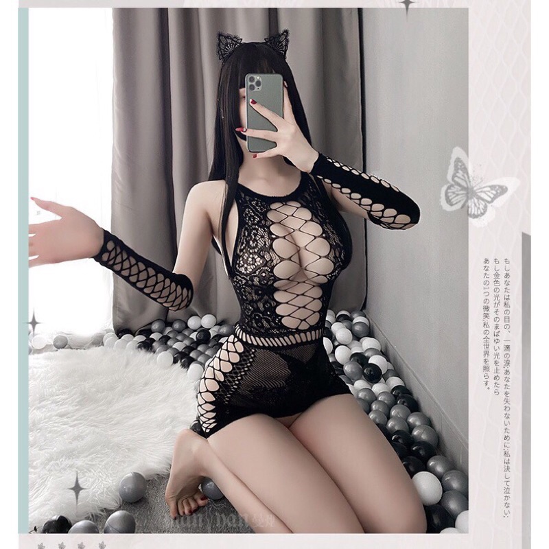 Đầm ngủ sexy/ Váy body lưới gợi cảm kèm bao tay CL60
