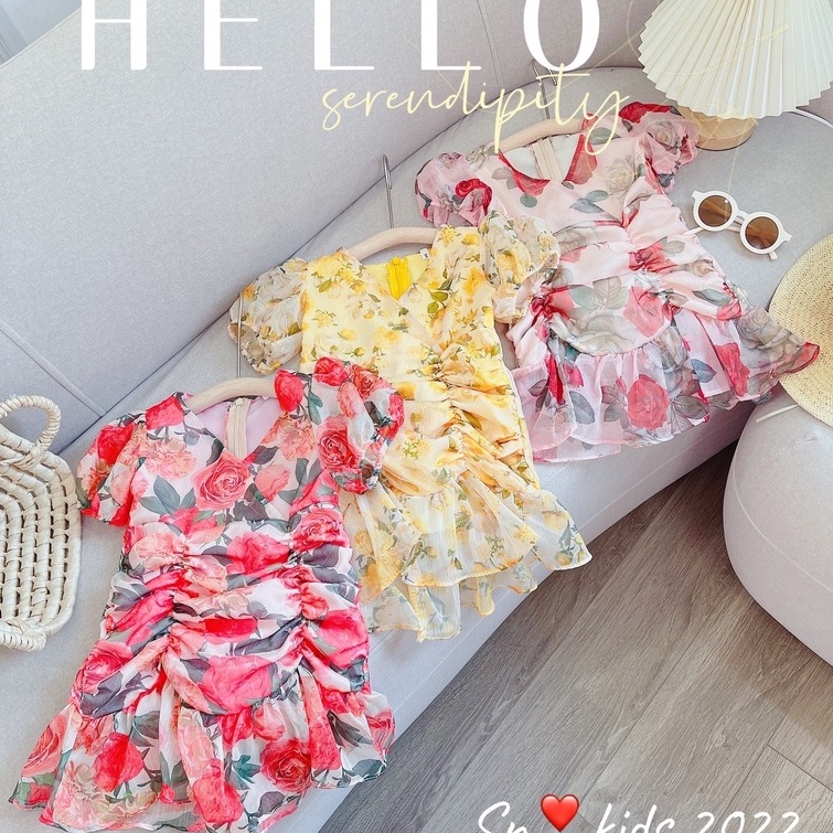 Váy cho bé gái, váy tơ 2 lớp body cổ chéo rúm thân xinh xắn cho bé