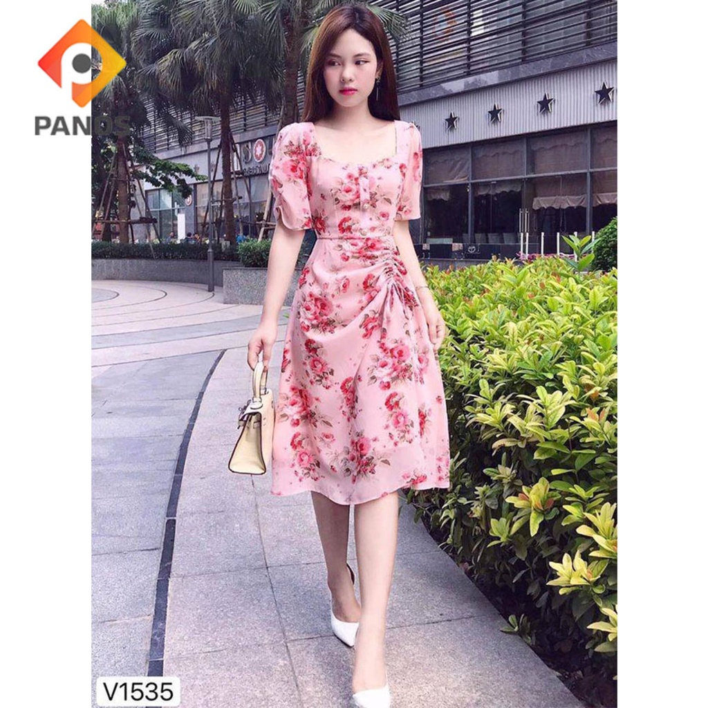 Đầm Váy Hoa Hồng Phối Nút Rút Dây Siêu Xinh Thời Trang Nữ Đi Chơi