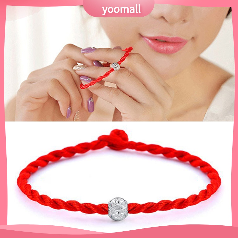 Vòng tay bện dây đỏ đính hạt mạ bạc thời trang cho Unisex