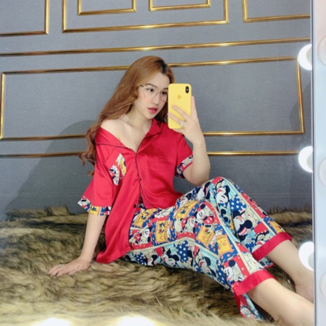 ộ Satin phối Tay ngắn quần dài dưới 65kg - chất cực mát