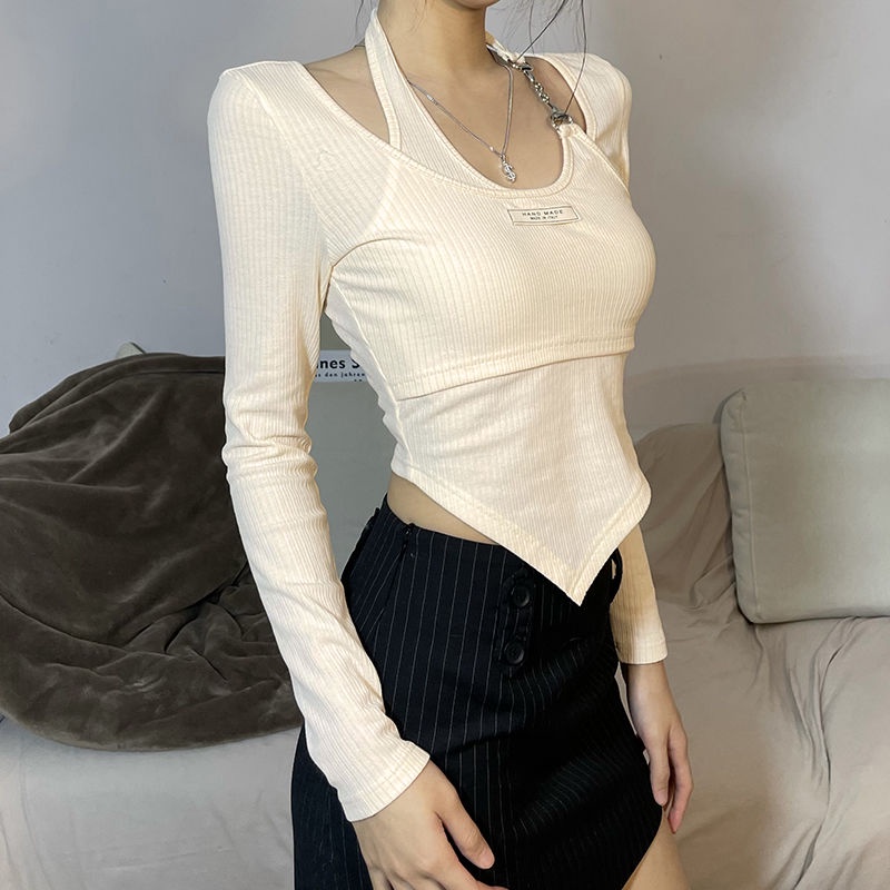 Áo Thun Giả Hai Lớp Dài Tay Cổ Yếm Phong Cách Mới Dành Cho Nữ 2022