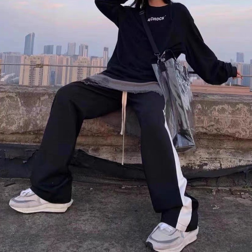 Quần thể thao ống rộng phối sọc trắng đen cá tính đơn giản phong cách hiphop thời trang dành cho nam