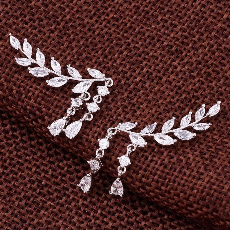 Bông Tai Bạc Nữ Hình Lá Lúa Đính Đá - Minh Canh Jewelry