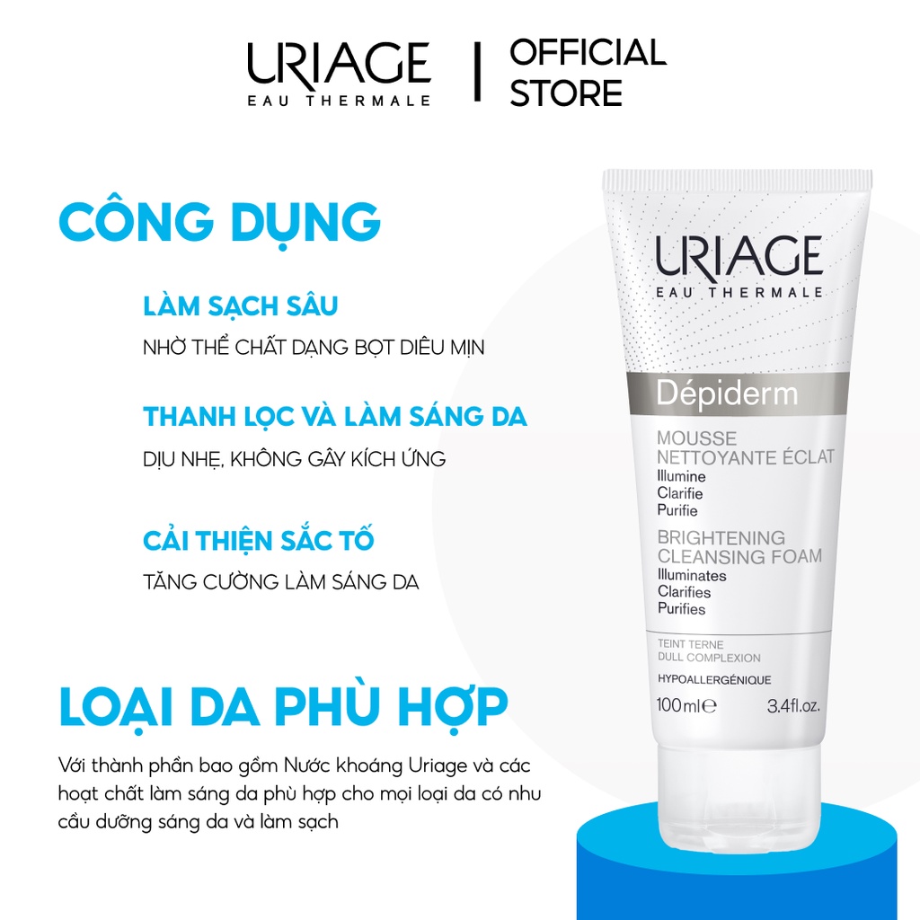 Sữa rửa mặt sáng da dạng bọt URIAGE DÉPIDERM MOUSSE NETTOYANTE ÉCLAT 100ml