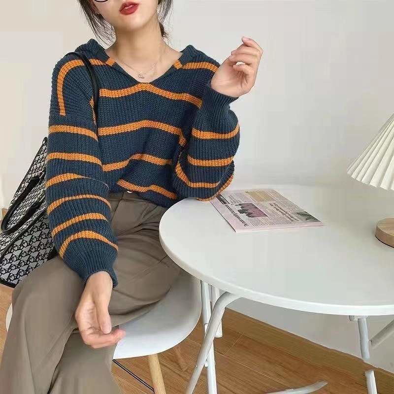 Áo Sweater Dệt Kim Tay Dài Dáng Rộng Kẻ Sọc Kiểu Retro Hàn Quốc