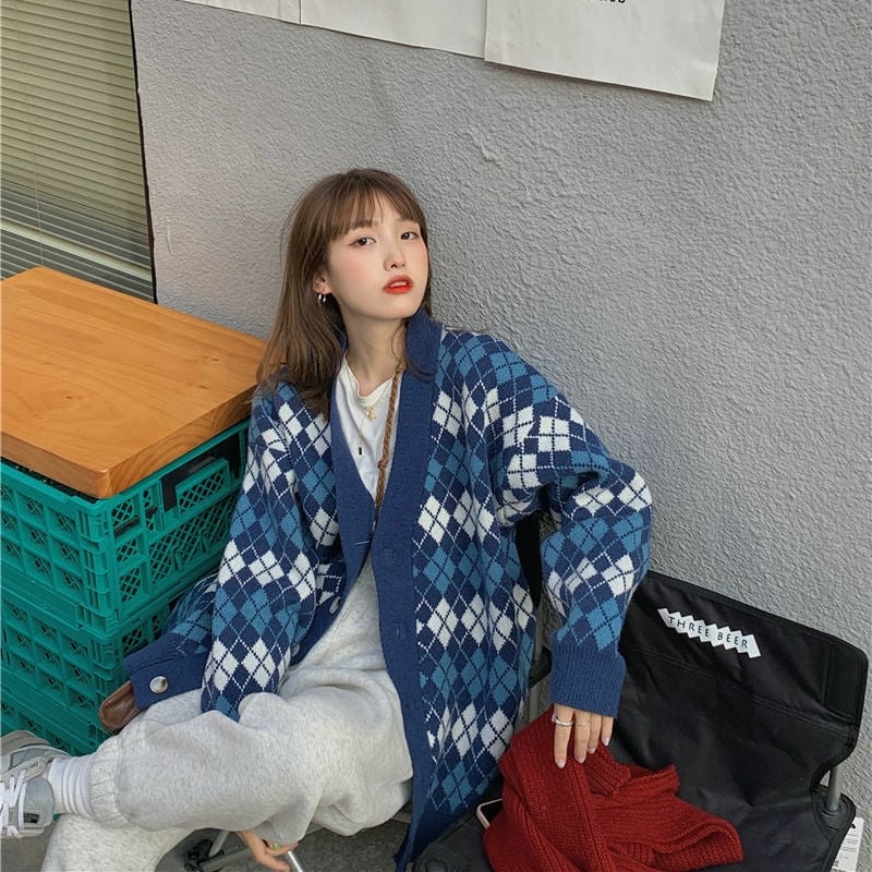 Áo khoác len cardigan kẻ ô quả trám dáng thụng trẻ trung màu hồng / đen / xanh