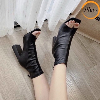 Giày bốt nữ cao gót xỏ ngón hở mũi thời trang - Bốt Lửng Hở Mũi Da Lì Cao 7 phân Có kéo