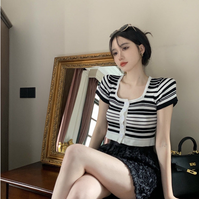 Áo Khoác cardigan Họa Tiết Kẻ Sọc Màu Sắc Tương Phản Ngọt Ngào Thời Trang Mùa Hè Cho Nữ