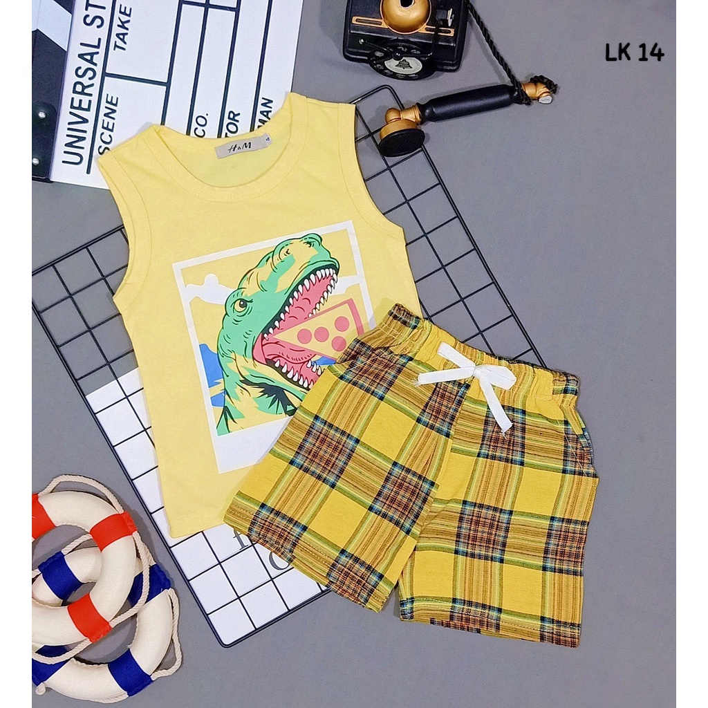 Đồ bộ bé trai size đại áo sát nách thun cotton VNXK quần phối sọc Jennie kids J492