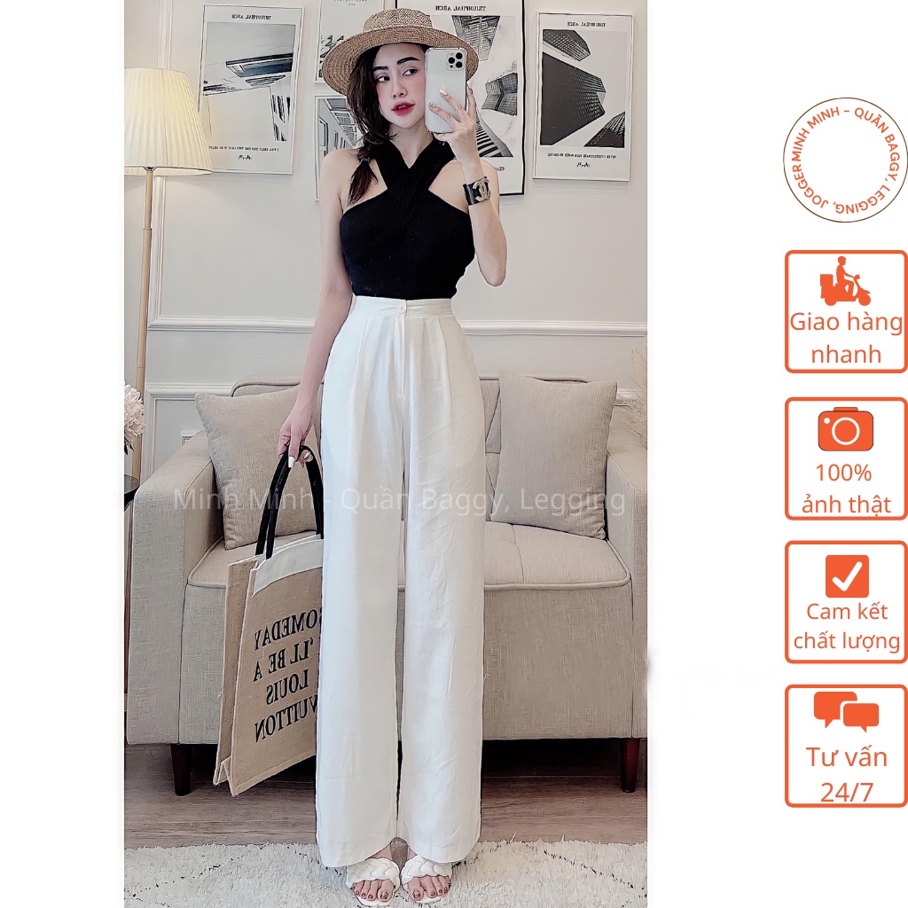 Quần Culottes Ống Rộng Chất Liệu Đũi Dài 100cm Lưng Cao Khóa Thật Cạp Chun Sau QA11, Quần  Đũi Ống Suông Lưng Thun