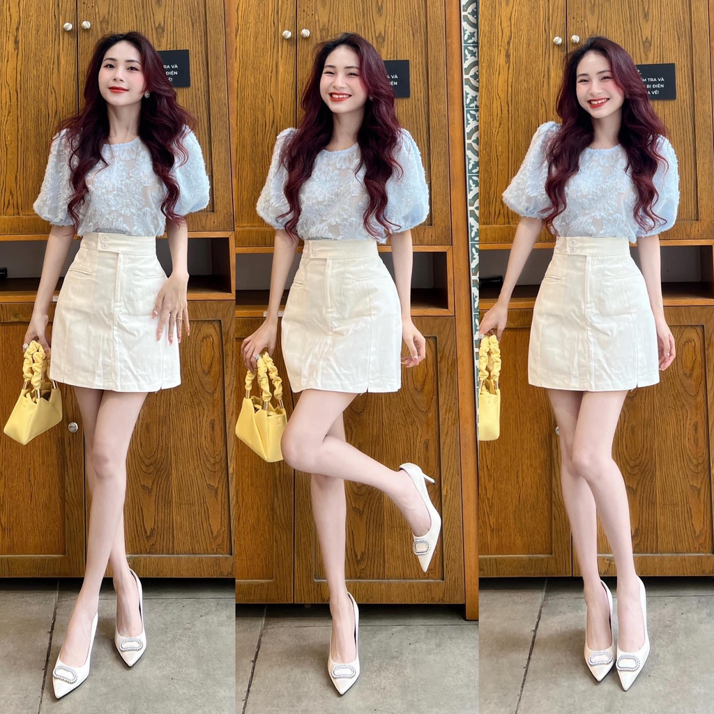 SET XANH VOAN REN BI CỔ TRÒN + CHÂN VÁY TRẮNG 🐋🐋