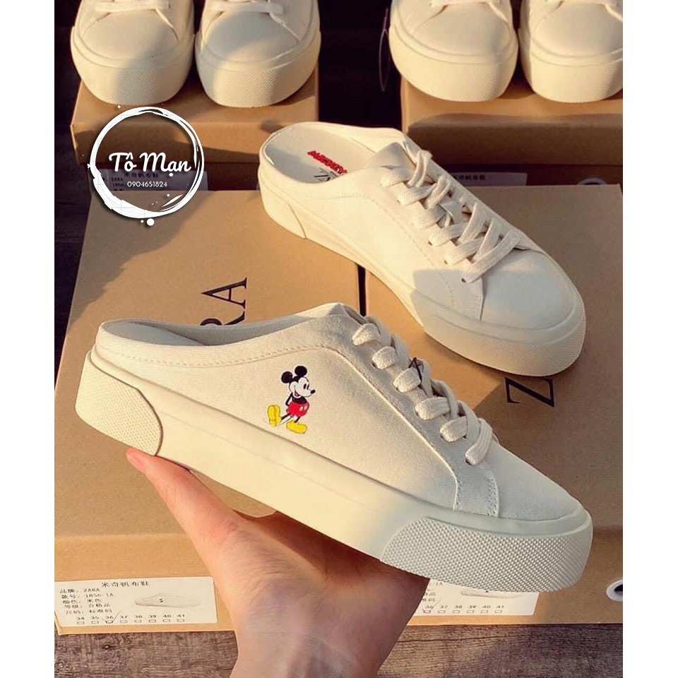 Giày Lười Canvas In Hình Chuột Mickey Dễ Thương